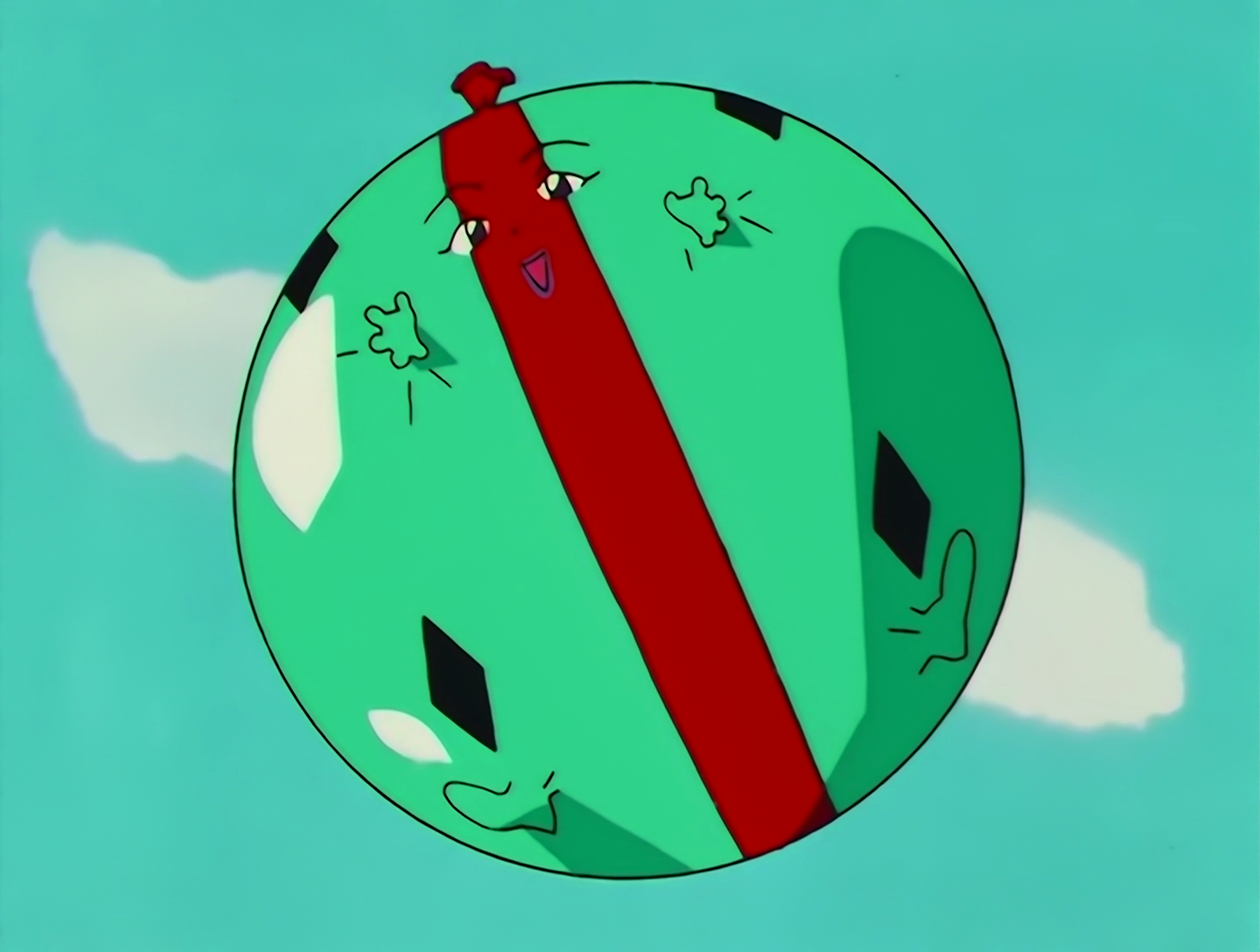 Puko, a Lemures from Sailor Moon episode 132. Imagine a giant, round, turquoise balloon with a red stripe. Now imagine that balloon has a face, and tiny, vestigial hands and feet. That’s Puko. That’s kind of all there is to her, in this form.